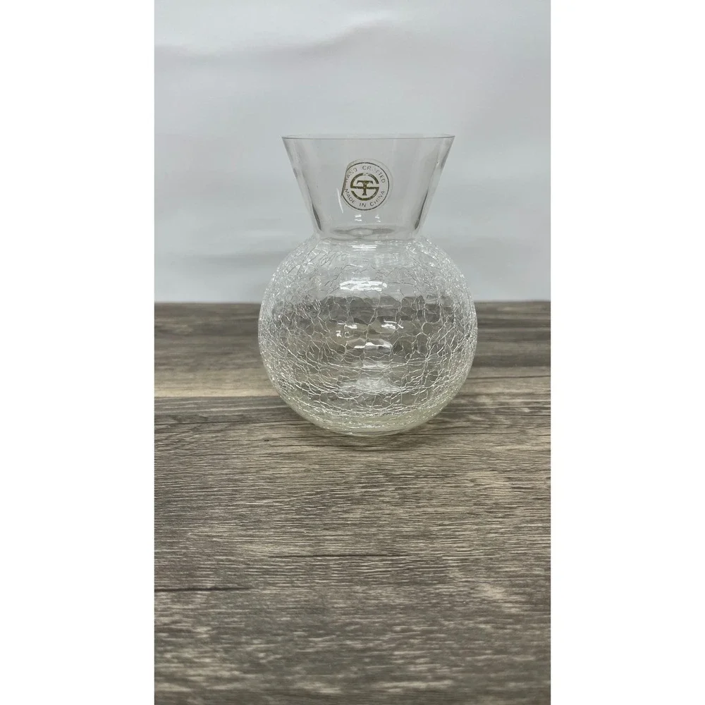 Hand Crafted Clear Crackle Art Glass Vase Round‎ Bulbous Flared Rim 4.5
